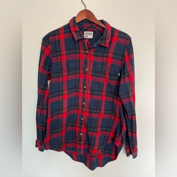 Vans Teens Navy and Red Plaid Button Down Shirt size XL - Picture 2 of 5